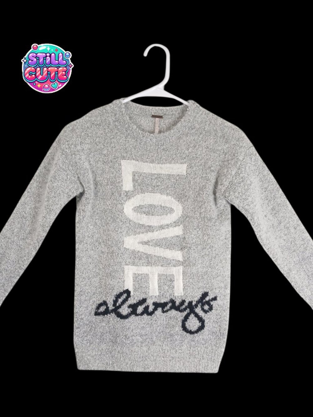 Poof Girl Kids L Gray Knit Sweater LOVE Always Graphic Cozy Pullover